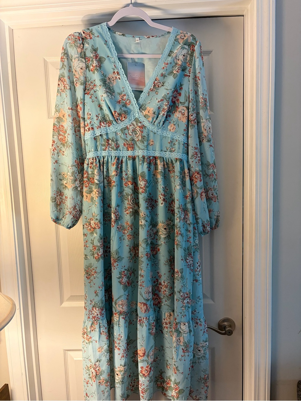 Mint Floral Maxi Dress with Lace Trim